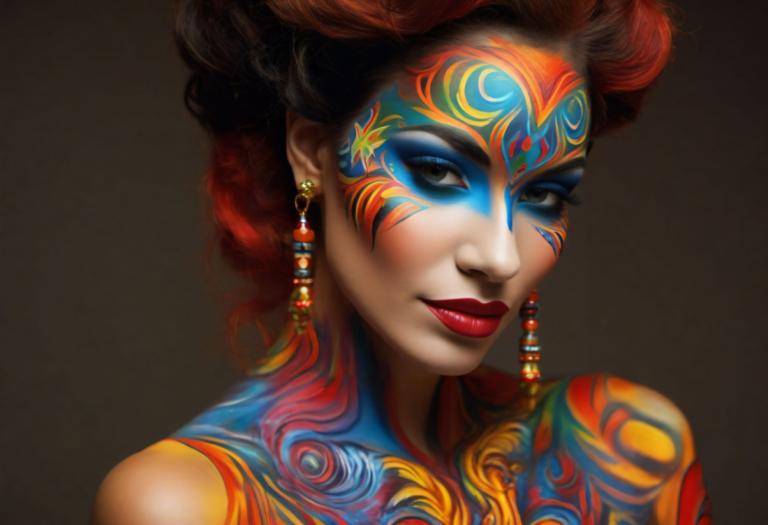 Bodypainting,Bodypainting, People, woman, 1girl, solo, facepaint, jewelry, earrings, makeup, red hair