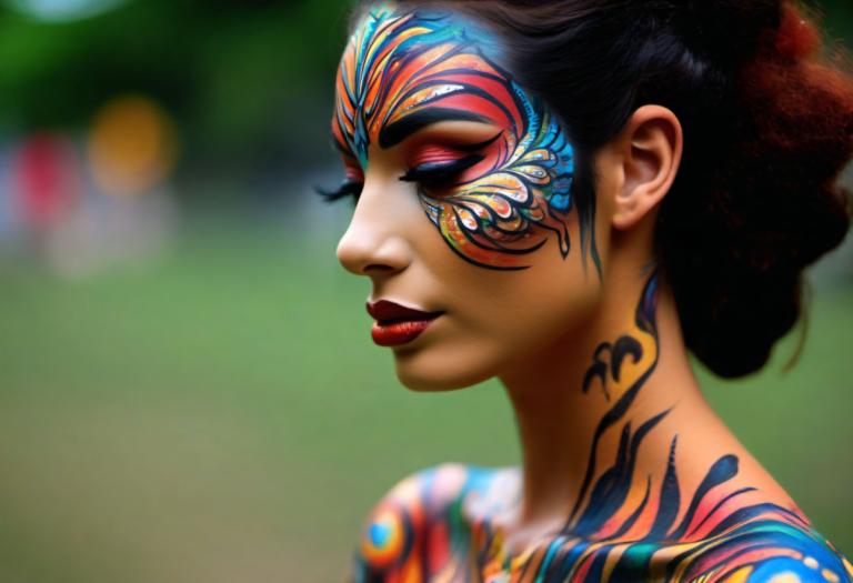 Bodypainting,Bodypainting, People, woman, 1girl, solo, blurry, blurry background, makeup, red lips, lipstick