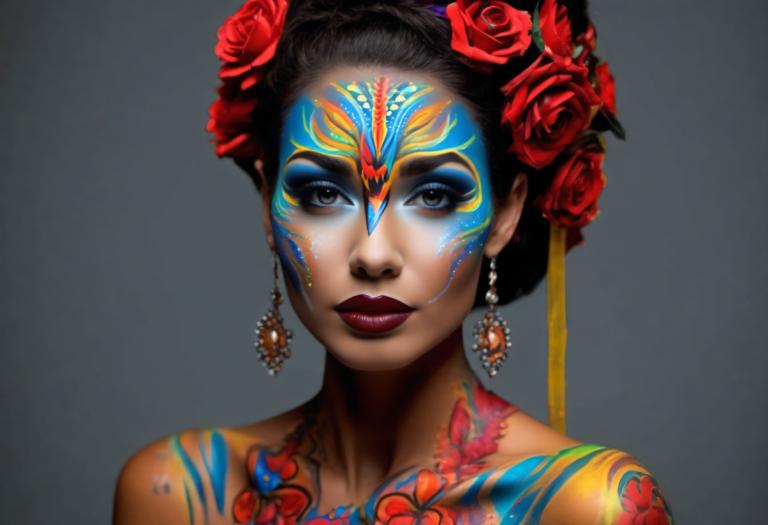 Bodypainting,Bodypainting, People, woman, 1girl, jewelry, solo, hair ornament, earrings, flower, hair flower