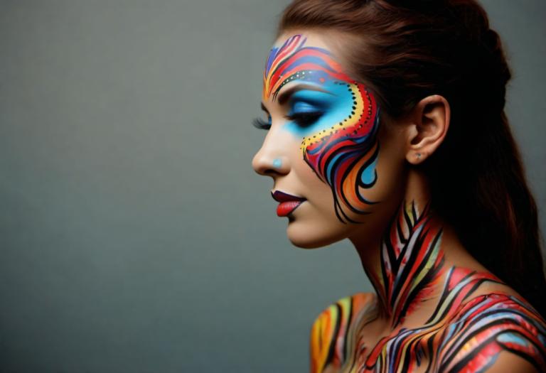 Bodypainting,Bodypainting, Mennesker, kvinde, 1 pige, solo, smykker, øreringe, ansigtsmaling, brunt hår