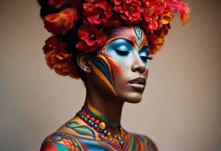 Bodypainting,Bodypainting, People, woman, 1girl, jewelry, solo, necklace, facepaint, hair ornament, flower