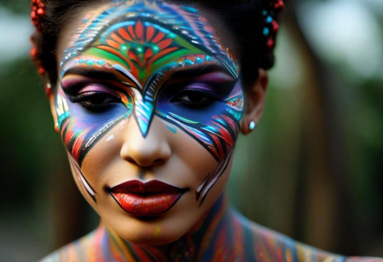 Bodypainting,Bodypainting, People, woman, 1girl, solo, facepaint, blurry, jewelry, earrings