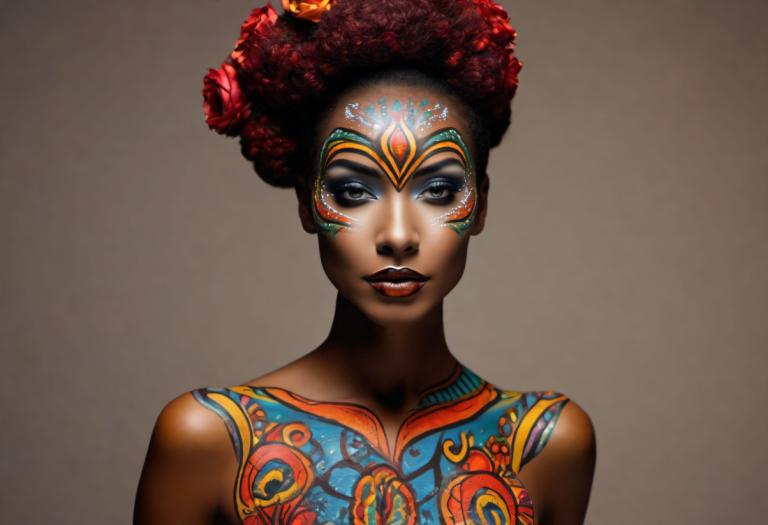 Bodypainting,Bodypainting, People, woman, 1girl, solo, dark skin, facepaint, dark-skinned female, afro