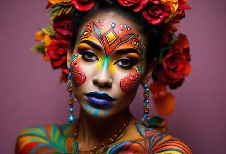 Bodypainting,Bodypainting, People, woman, 1girl, jewelry, solo, makeup, flower, lipstick, earrings, facepaint