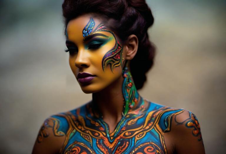 Bodypainting,Bodypainting, People, woman, 1girl, solo, earrings, jewelry, dark skin, facepaint, makeup