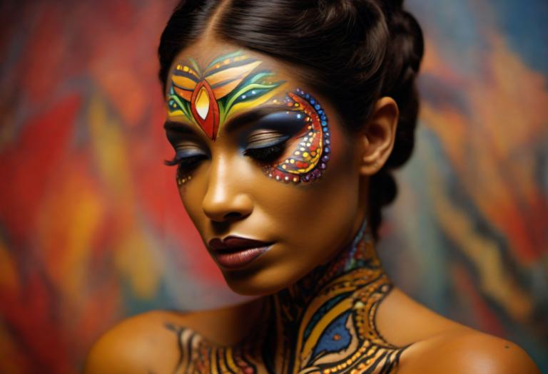 Bodypainting,Bodypainting, People, woman, 1girl, solo, makeup, dark skin, bare shoulders, eyeshadow