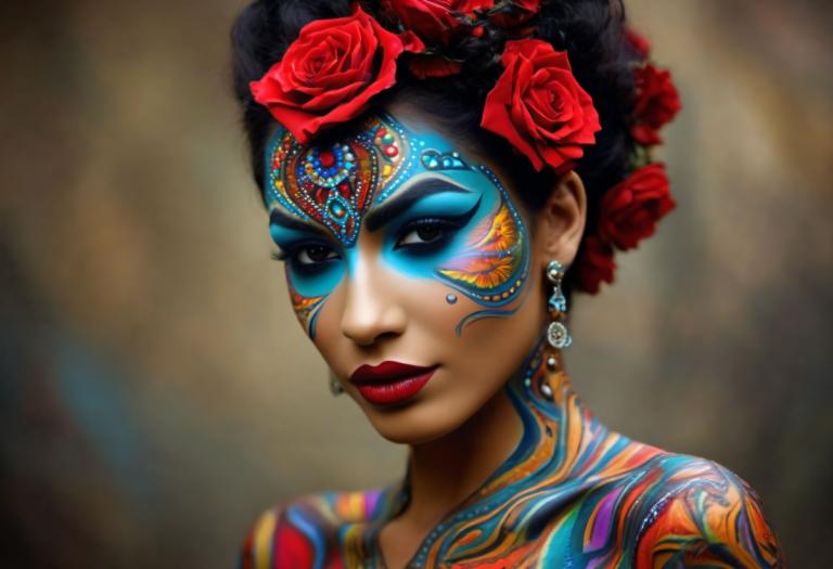 Bodypainting,Bodypainting, People, woman, 1girl, jewelry, earrings, solo, flower, makeup, hair ornament