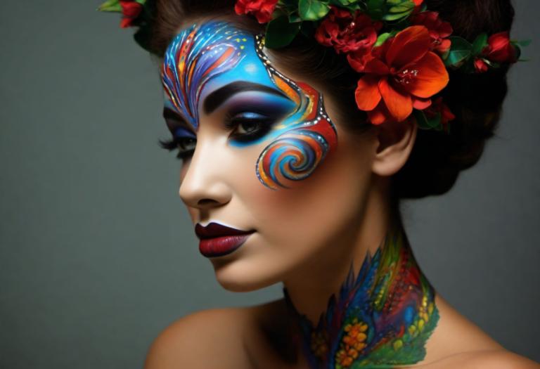 Bodypainting,Bodypainting, People, woman, 1girl, solo, flower, hair ornament, hair flower, makeup, lipstick