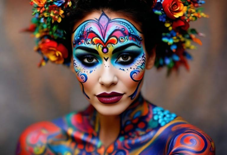 Bodypainting,Bodypainting, People, woman, 1girl, solo, makeup, facepaint, hair ornament, flower, lipstick