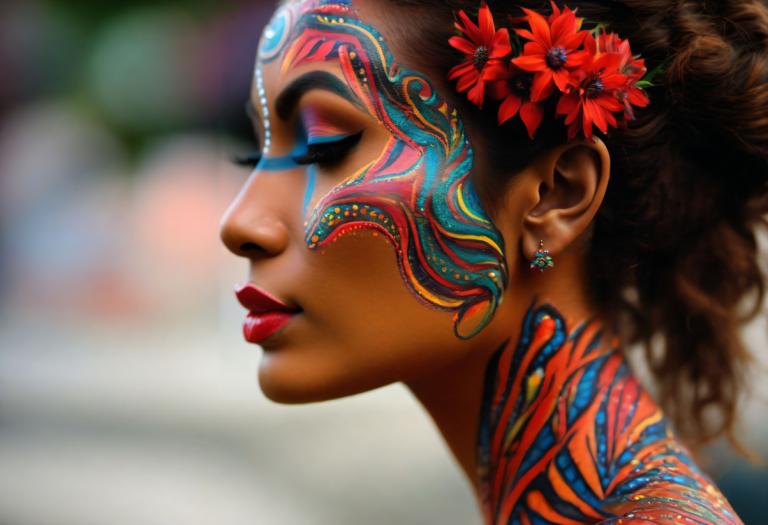 Bodypainting,Bodypainting, People, woman, 1girl, jewelry, solo, earrings, hair ornament, flower, hair flower