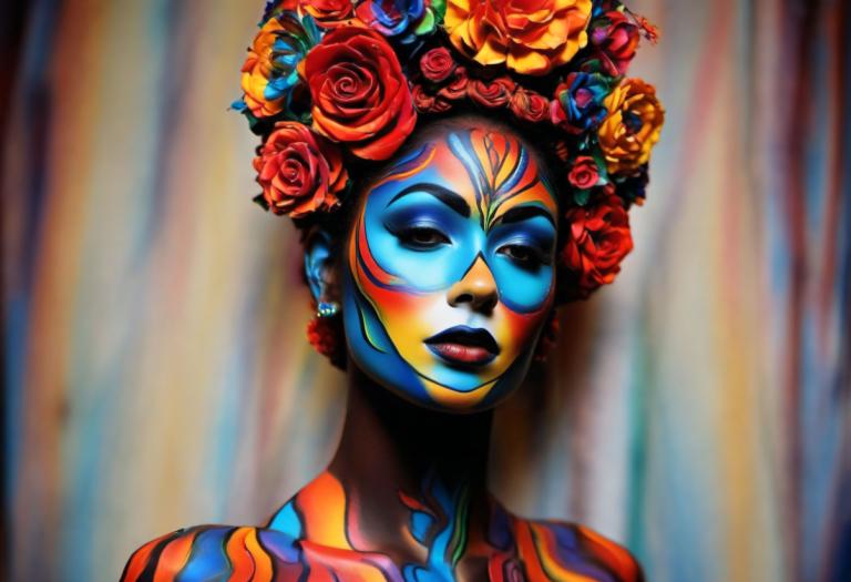 Bodypainting,Bodypainting, People, woman, solo, 1girl, flower, jewelry, earrings, makeup, facepaint, lipstick