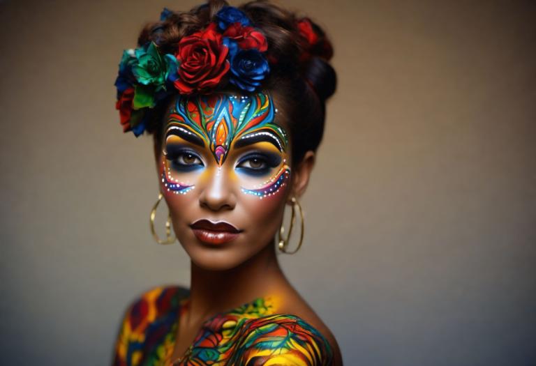 Bodypainting,Bodypainting, People, woman, 1girl, jewelry, solo, earrings, facepaint, flower, makeup