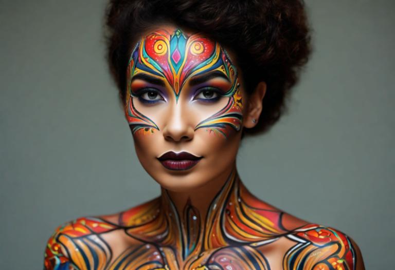 Bodypainting,Bodypainting, People, woman, 1girl, solo, makeup, facepaint, lipstick, black hair