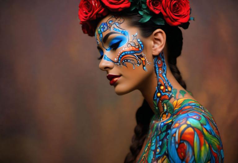 Bodypainting,Bodypainting, People, woman, 1girl, solo, flower, hair ornament, makeup, hair flower, braid