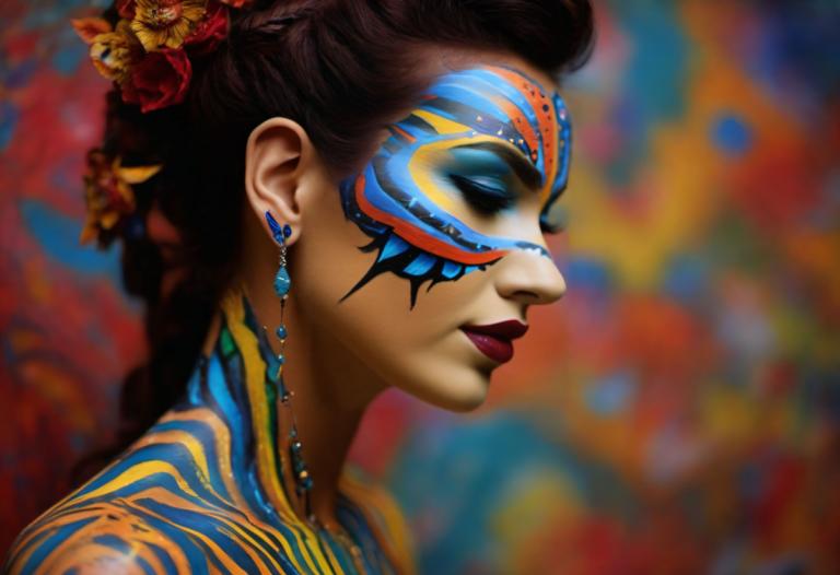 Bodypainting,Bodypainting, People, woman, 1girl, jewelry, solo, facepaint, earrings, hair ornament, makeup