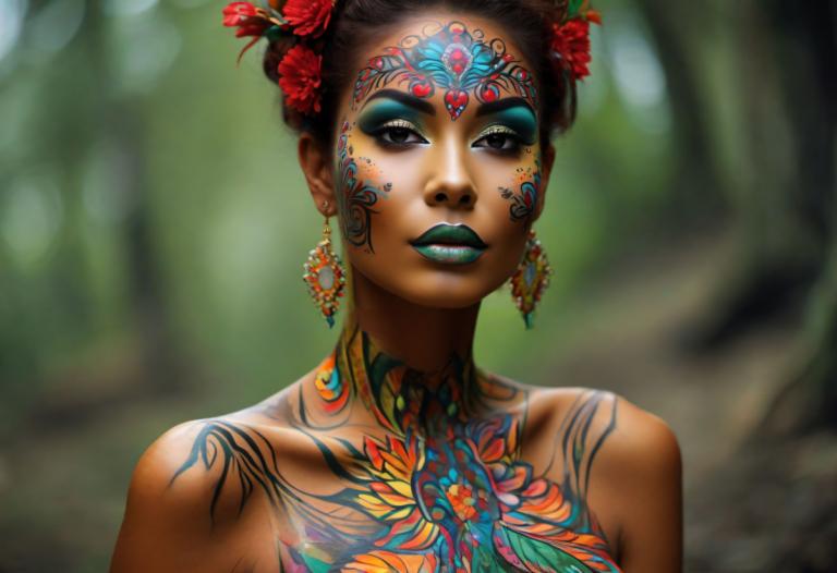 Bodypainting,Bodypainting, People, woman, 1girl, solo, jewelry, earrings, makeup, hair ornament, flower