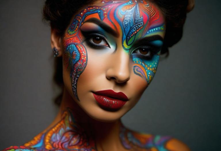 Bodypainting,Bodypainting, People, woman, 1girl, solo, earrings, makeup, jewelry, brown eyes, facepaint