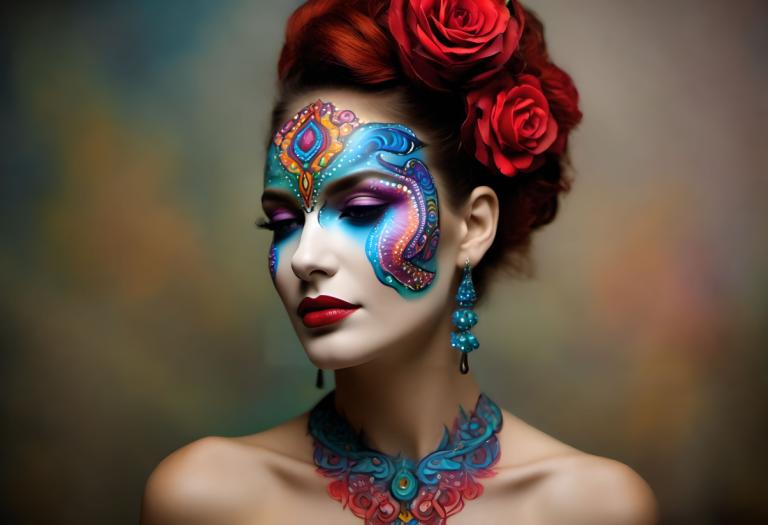 Bodypainting,Bodypainting, People, woman, 1girl, solo, hair ornament, flower, jewelry, earrings, hair flower