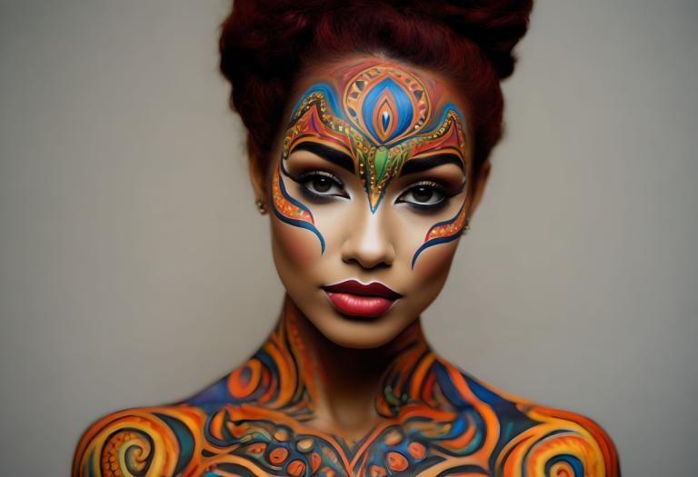 Bodypainting,Bodypainting, People, woman, 1girl, solo, earrings, jewelry, makeup, looking at viewer