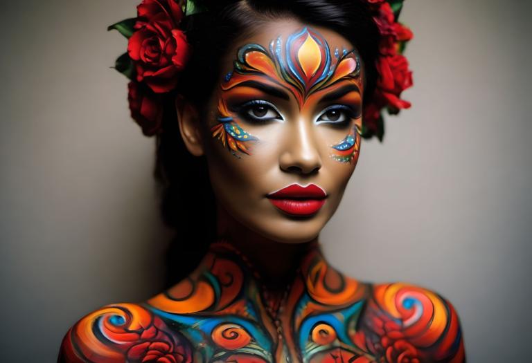 Bodypainting,Bodypainting, People, woman, 1girl, solo, makeup, hair ornament, flower, hair flower, lipstick