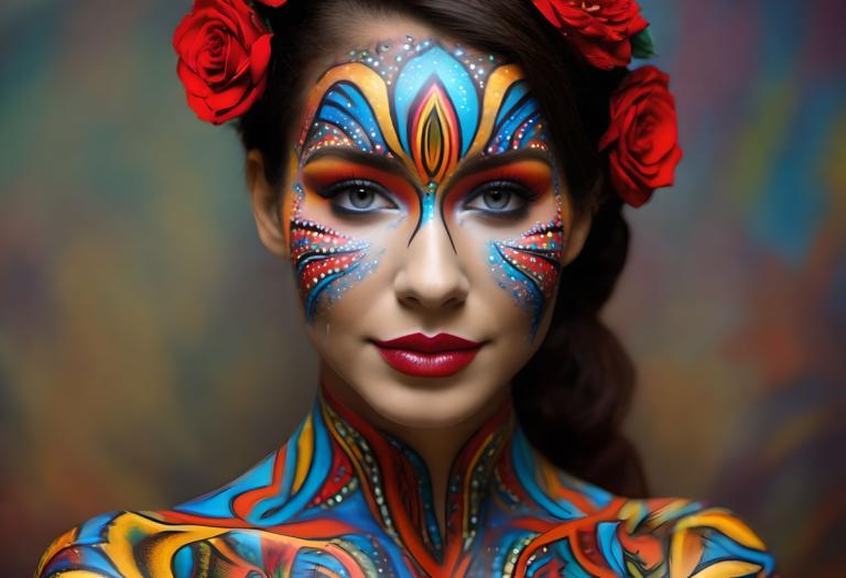 Bodypainting,Bodypainting, People, woman, 1girl, solo, flower, makeup, hair ornament, hair flower, lipstick