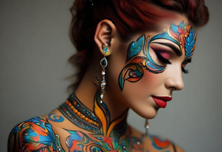 Bodypainting,Bodypainting, People, woman, 1girl, jewelry, earrings, solo, makeup, lipstick, necklace, profile