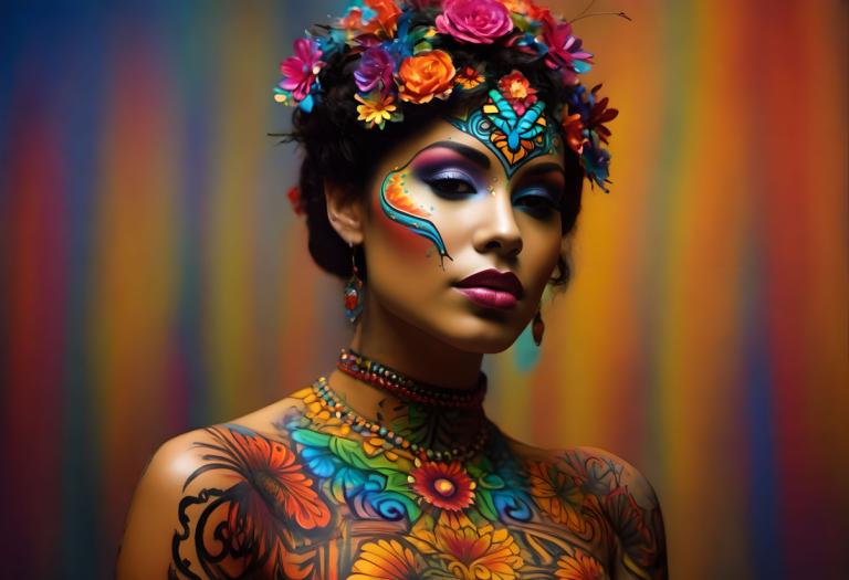 Bodypainting,Bodypainting, People, woman, 1girl, jewelry, solo, earrings, flower, makeup, necklace