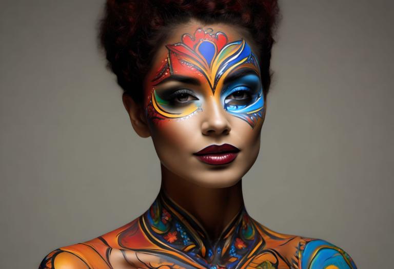 Bodypainting,Bodypainting, People, woman, facepaint, 1girl, solo, clown, makeup, lipstick, dark skin