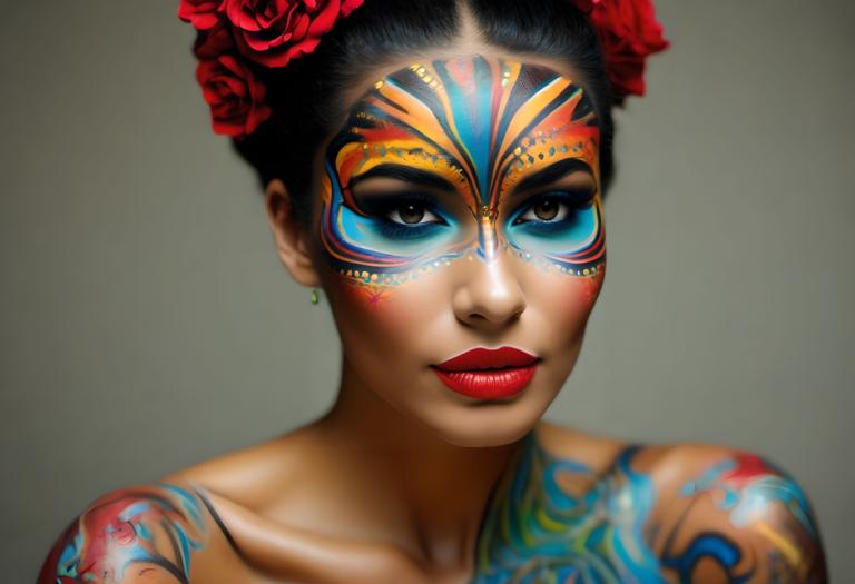 Bodypainting,Bodypainting, People, woman, 1girl, solo, facepaint, makeup, flower, hair ornament, lipstick