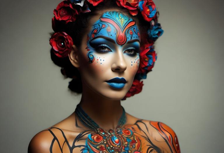 Bodypainting,Bodypainting, People, woman, 1girl, solo, hair ornament, makeup, hair flower, flower, blue lips