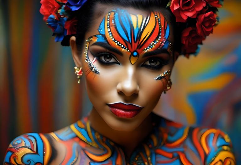 Bodypainting,Bodypainting, People, woman, 1girl, solo, jewelry, earrings, hair ornament, makeup, flower