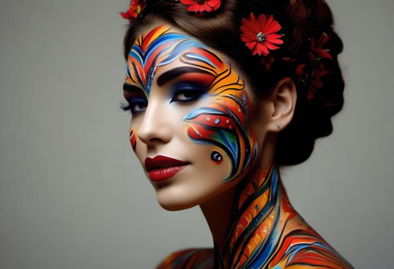 Bodypainting,Bodypainting, People, woman, 1girl, solo, hair ornament, flower, hair flower, makeup, jewelry