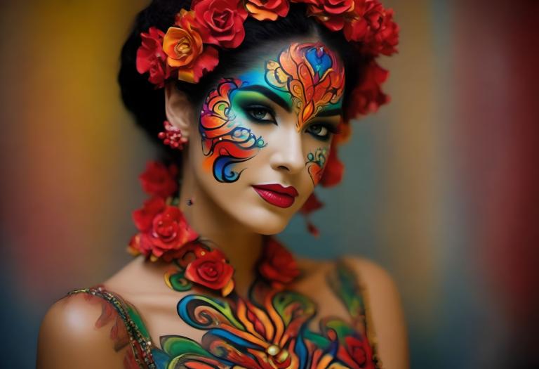 Bodypainting,Bodypainting, People, woman, 1girl, solo, earrings, flower, jewelry, makeup, hair ornament