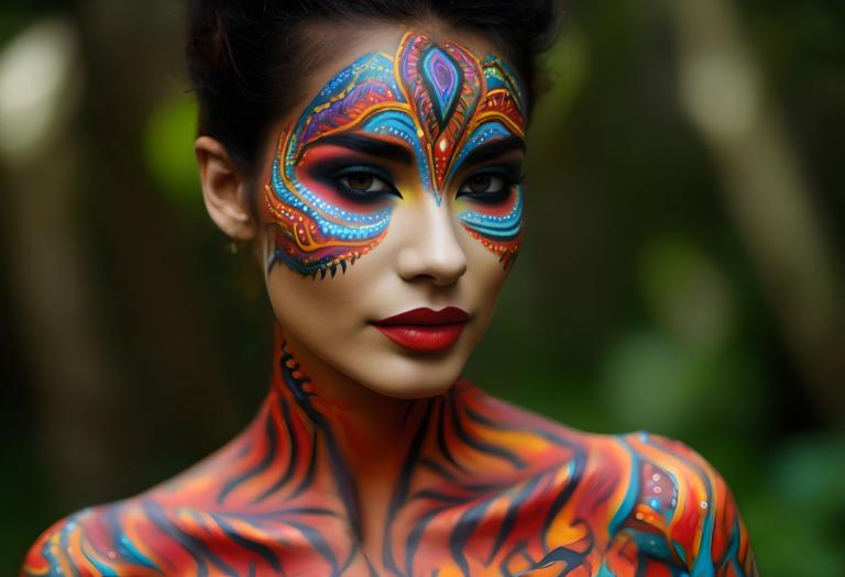 Bodypainting,Bodypainting, People, woman, 1girl, solo, facepaint, makeup, blurry background, blurry, red lips