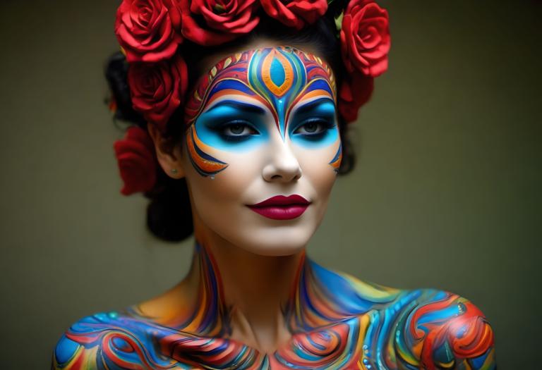 Bodypainting,Bodypainting, People, woman, 1girl, solo, flower, makeup, hair ornament, hair flower, lipstick