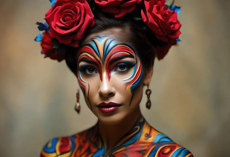 Bodypainting,Bodypainting, People, woman, 1girl, solo, flower, jewelry, earrings, facepaint, hair ornament