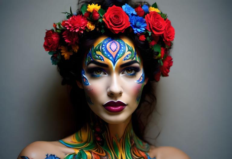 Bodypainting,Bodypainting, People, woman, 1girl, solo, flower, lipstick, makeup, multicolored hair