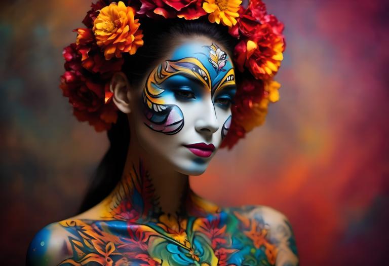 Bodypainting,Bodypainting, People, woman, 1girl, solo, hair ornament, flower, hair flower, makeup, facepaint