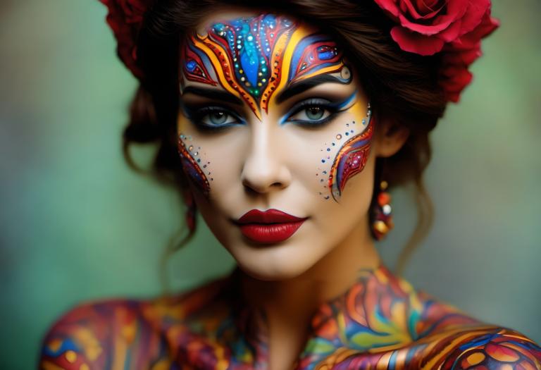 Bodypainting,Bodypainting, People, woman, 1girl, solo, makeup, hair ornament, flower, hair flower, lipstick