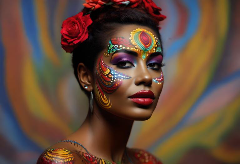 Bodypainting,Bodypainting, People, woman, 1girl, jewelry, solo, earrings, makeup, hair ornament, flower