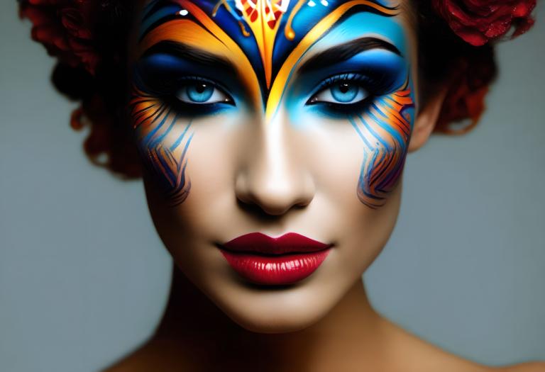 Bodypainting,Bodypainting, People, woman, 1girl, solo, facepaint, makeup, blue eyes, lipstick, hair ornament