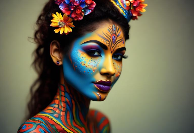 Bodypainting,Bodypainting, People, woman, 1girl, solo, jewelry, hair ornament, earrings, flower, makeup