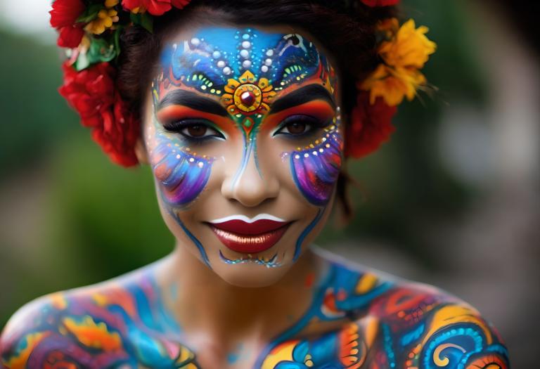 Bodypainting,Bodypainting, People, woman, 1girl, facepaint, solo, hair ornament, flower, blurry background