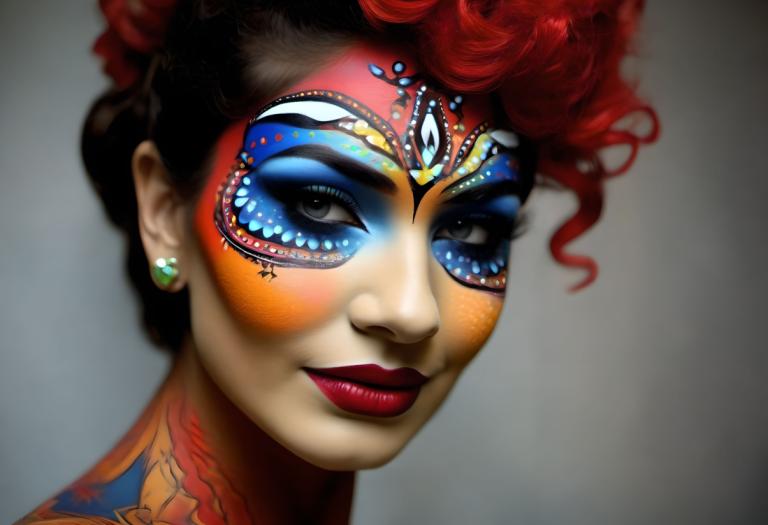 Bodypainting,Bodypainting, People, woman, 1girl, solo, jewelry, earrings, makeup, red hair, lipstick