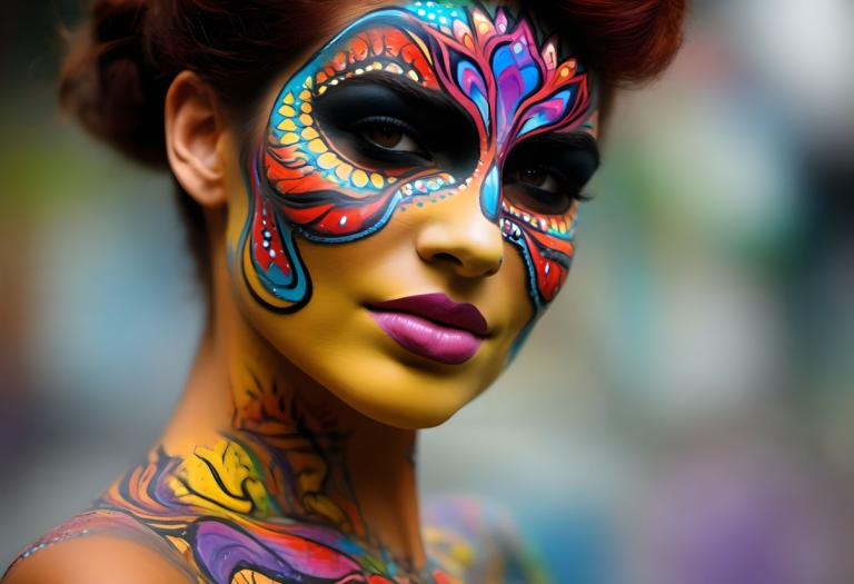 Bodypainting,Bodypainting, People, woman, 1girl, solo, blurry, facepaint, blurry background, makeup, lipstick