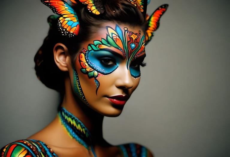 Bodypainting,Bodypainting, People, woman, 1girl, solo, makeup, lipstick, bug, facepaint, hair ornament