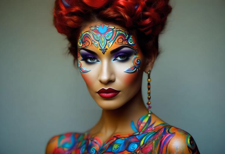 Bodypainting,Bodypainting, People, woman, 1girl, solo, jewelry, earrings, makeup, red hair, lipstick