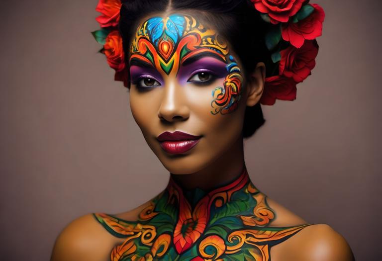 Bodypainting,Bodypainting, People, woman, 1girl, solo, makeup, flower, hair ornament, lipstick, hair flower