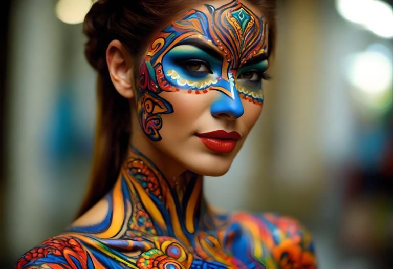 Bodypainting,Bodypainting, People, woman, 1girl, solo, brown hair, makeup, blurry background, blurry