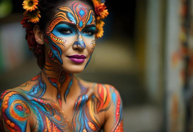 Bodypainting,Bodypainting, People, woman, 1girl, solo, flower, hair ornament, hair flower, jewelry, earrings